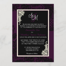 Plum White en Black Lace Wedding Invitation Kaart