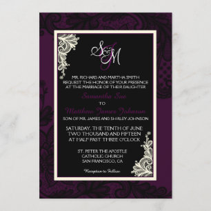 Plum White en Black Lace Wedding Invitation Kaart