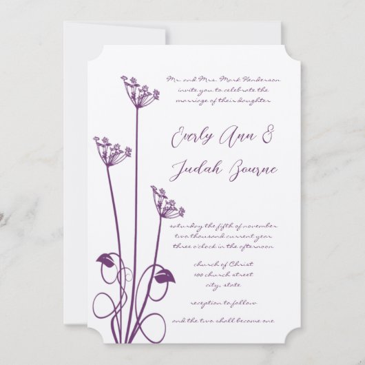 Plum Wild Flower Swirl Wedding Invitation Kaart (Voorkant)