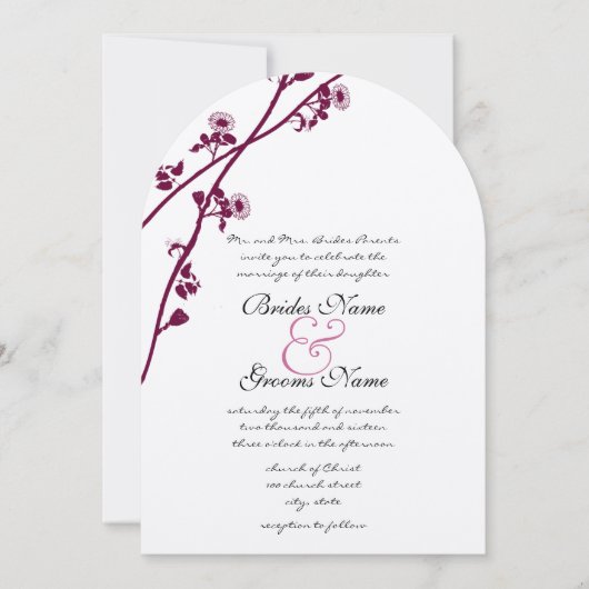 Plum Wildflower Branches Wedding Invitation Kaart (Voorkant)