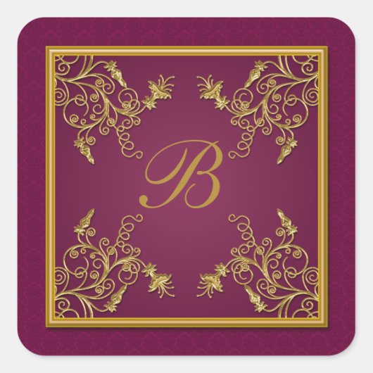 Plum Wine and Gold Floral Damask Monogram Sticker (Voorkant)