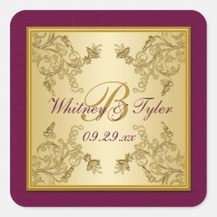 Plum Wine and Gold Floral Damask Monogram Sticker