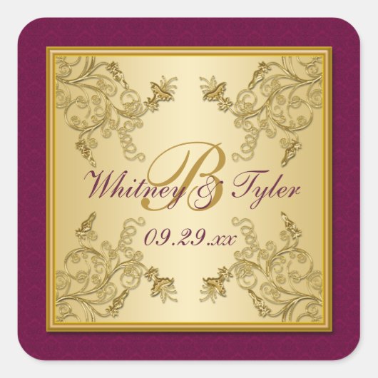 Plum Wine and Gold Floral Damask Monogram Sticker (Voorkant)