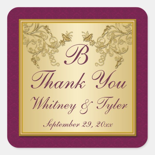 Plum Wine and Gold Floral Damask Monogram Sticker (Voorkant)