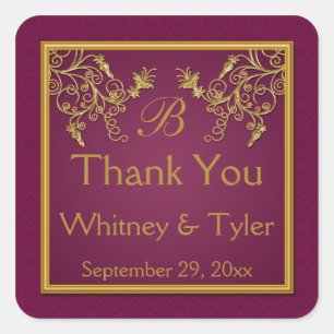 Plum Wine and Gold Floral Damask Monogram Sticker