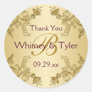 Plum Wine and Gold Floral Damask Monogram Sticker
