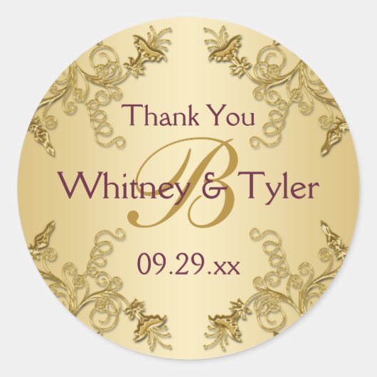 Plum Wine and Gold Floral Damask Monogram Sticker (Voorkant)