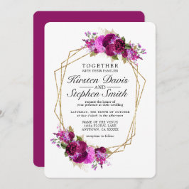 Plum Wine Floral Gold Geometrische Border Wedding Kaart