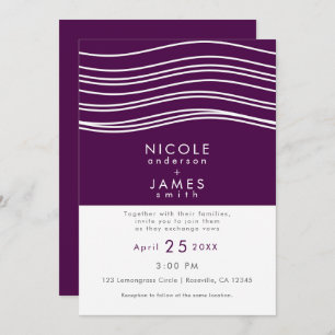 Plum Wine Paars & White Wave Chic Modern Wedding Kaart