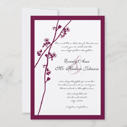 Plum Wine Wildflower Branch Wedding Invitting Kaart (Voorkant)
