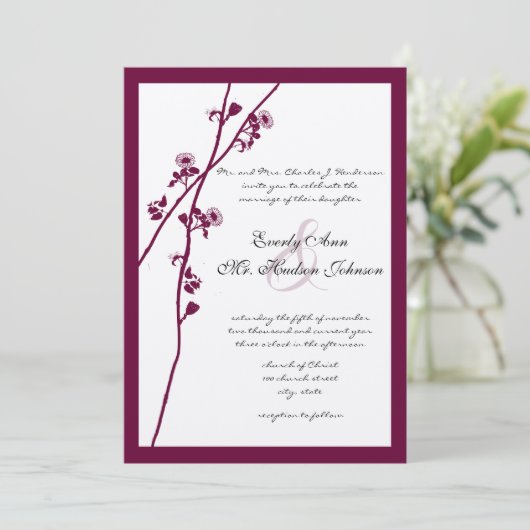 Plum Wine Wildflower Branch Wedding Invitting Kaart (Staand voorkant)