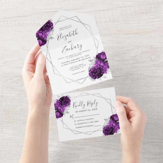 Plum Zilveren Bloemen Geometrische Witte Huwelijk All In One Uitnodiging (Afscheurbaar)