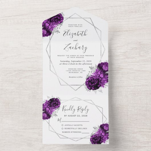 Plum Zilveren Bloemen Geometrische Witte Huwelijk All In One Uitnodiging (Binnen)