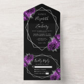 Plum Zilveren Bloemen Geometrische Zwarte Huwelijk All In One Uitnodiging (Binnen)