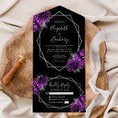 Plum Zilveren Bloemen Geometrische Zwarte Huwelijk All In One Uitnodiging