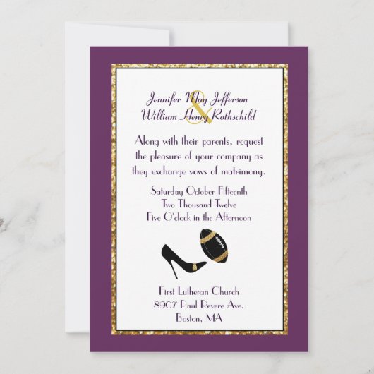 Plum, zwart en goud Football huwelijksuitnodiging Kaart (Voorkant)