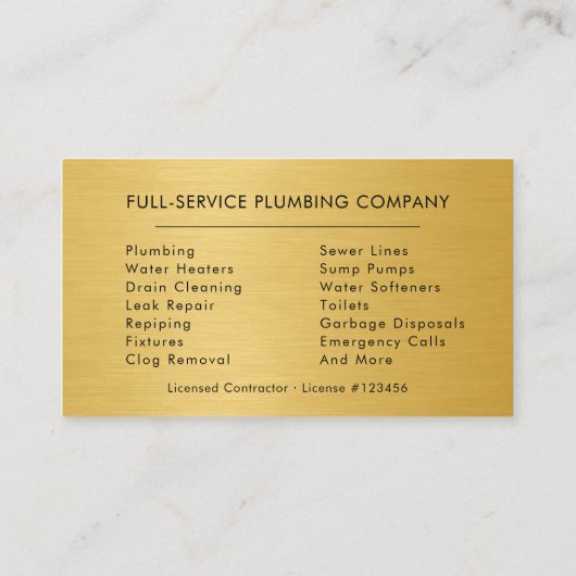 Plumber Black & Gold Metallic Minimalist Visitekaartje (Achterkant)