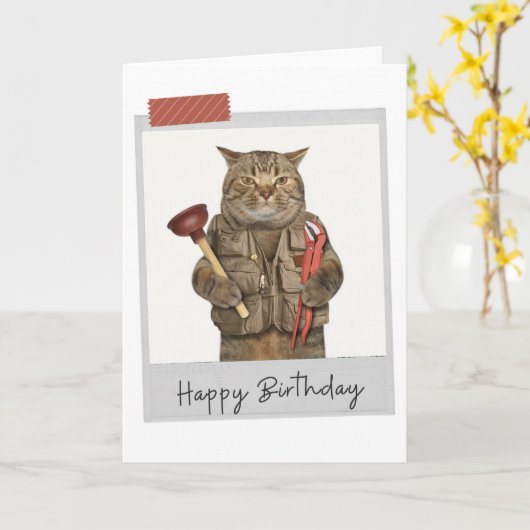 Plumber Cat Funny Birthday Card Kaart (Gele Bloem)