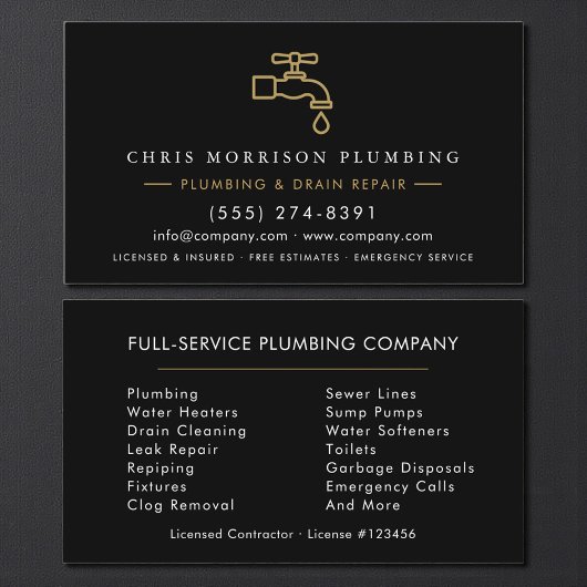 Plumber Dark Elegant Black & Gold Minimalist Visitekaartje