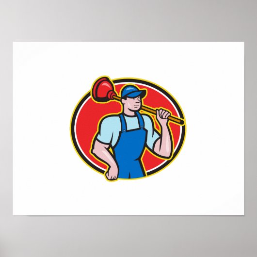 Plumber Holding Plunger Cartoon Poster (Voorkant)