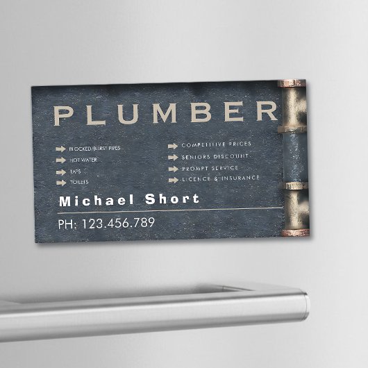 Plumber Magnetic Business Card with Pipe DetaiI Magnetisch Visitekaartje