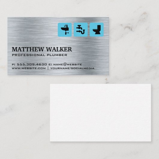 Plumber-pictogrammen | Stalen geborsteld Visitekaartje (Voorkant / Achterkant)