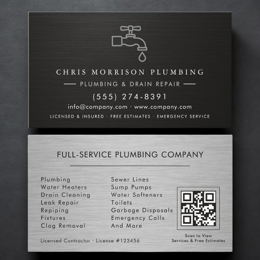 Plumbing Company QR Code Silver Black Metallic  Visitekaartje