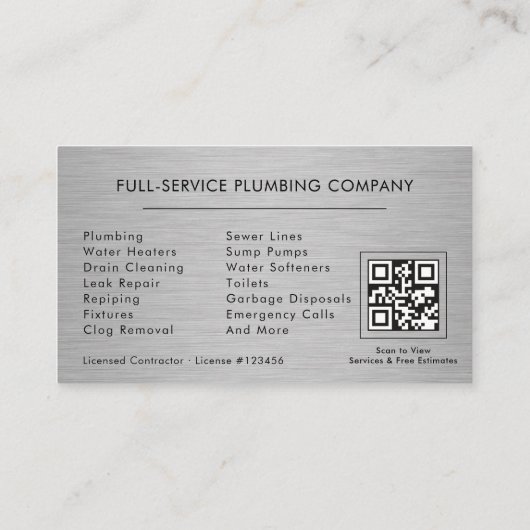 Plumbing Company Silver Metallic QR Code Visitekaartje (Achterkant)
