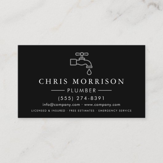 Plumbing Plumber Black Silver Minimalist Visitekaartje (Voorkant)