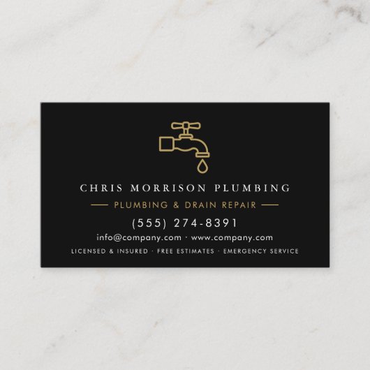 Plumbing Service Black & Gold QR Code Visitekaartje (Voorkant)