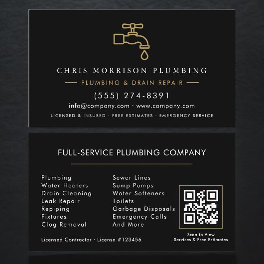 Plumbing  Service Black & Gold QR Code Visitekaartje