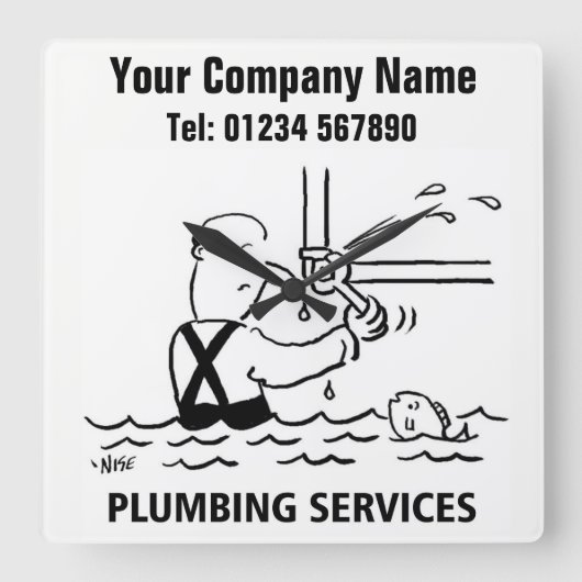 Plumbing Services Cartoon Clock Vierkante Klok (Voorkant)