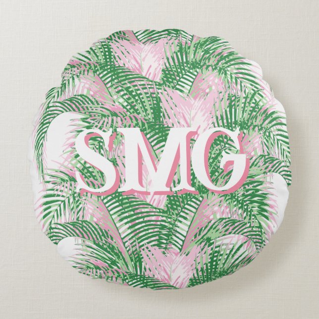 Plume Palm Fronds in Pink + Green Personalized Rond Kussen (Voorkant)