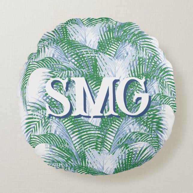 Plume Palm Fronds in Slate + Green Personalized Rond Kussen (Voorkant)