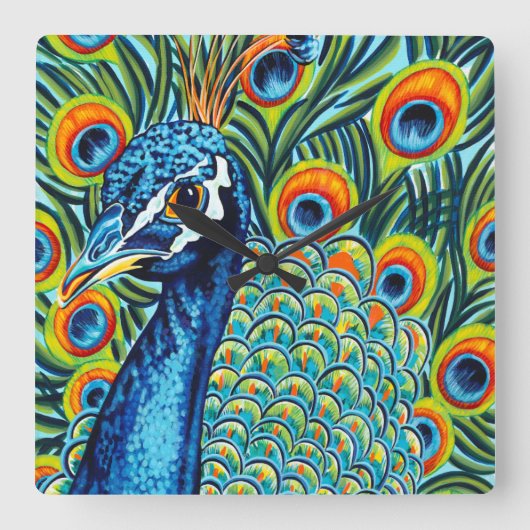 Plumed Peacock I Vierkante Klok (Voorkant)