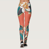 Plumeria Bloemen Blauw Beige Groen Kleuren Legging (Achterkant)