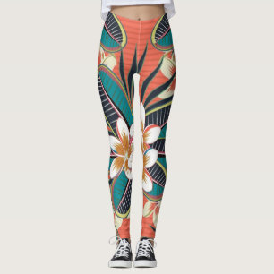Plumeria Bloemen Blauw Beige Groen Kleuren Legging