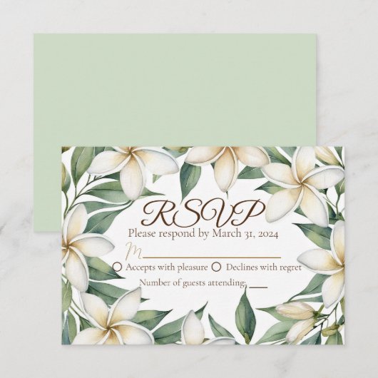 Plumeria bruiloft RSVP kaartje (Voorkant / Achterkant)