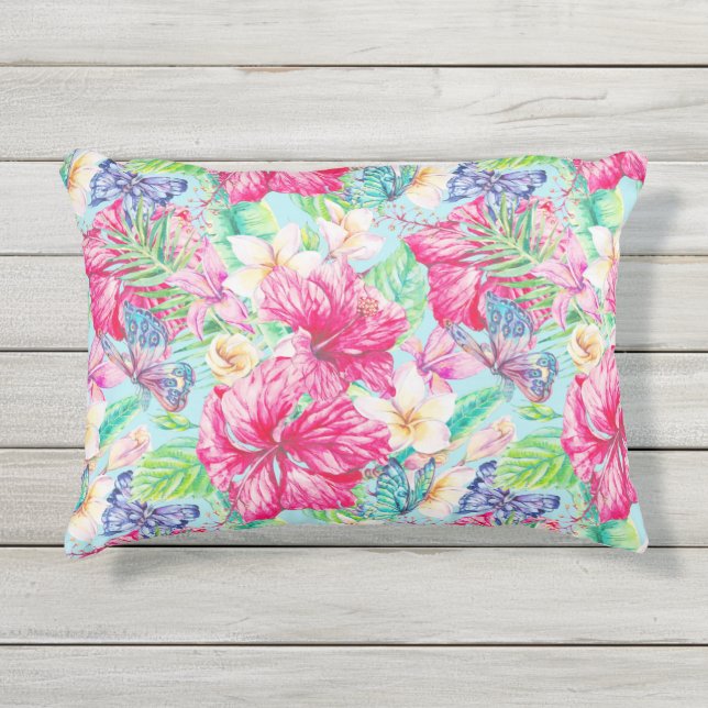 Plumeria Chinese Hibiscus Foliage Butterflies Buitenkussen (Voorkant)