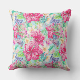 Plumeria Chinese Hibiscus Loofwerk Vlinders Buitenkussen