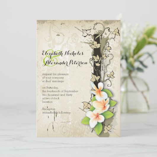 plumeria en ivoorbeige bruiloft kaart (Staand voorkant)
