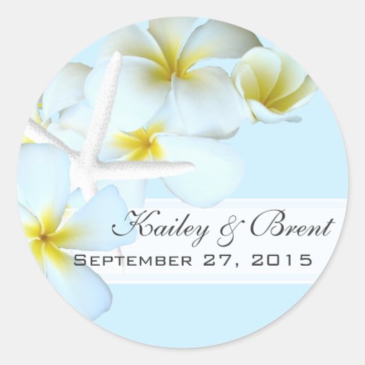 Plumeria en zeesterren, blauw rond Favor Label (Voorkant)
