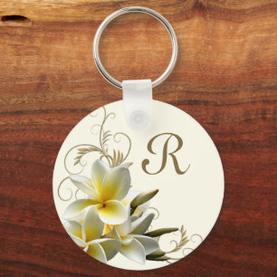 Plumeria Flourish Monogram Initiaal Sleutelhanger
