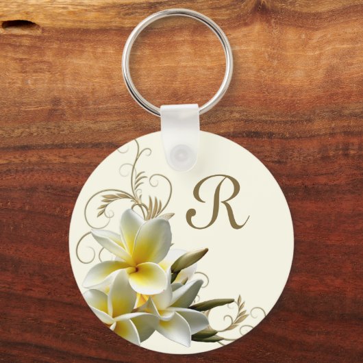 Plumeria Flourish Monogram Initiaal Sleutelhanger (Voorkant)