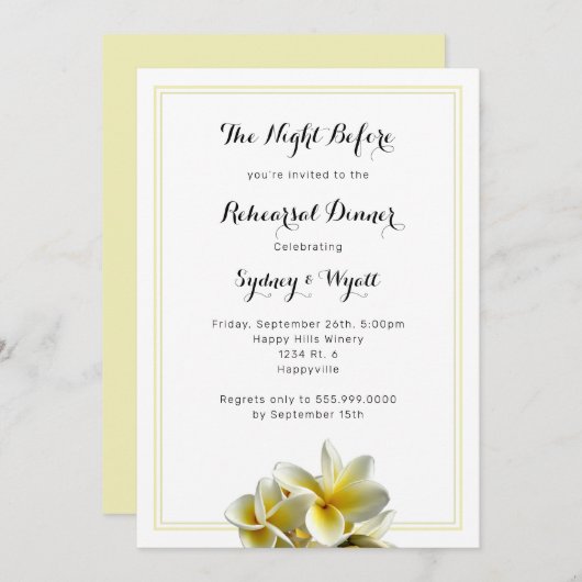 Plumeria Flower Yellow Rehearsal Dinner Invitation Kaart (Voorkant / Achterkant)