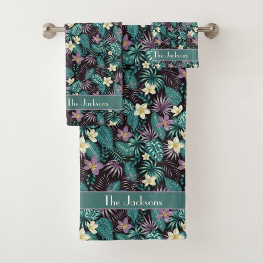 Plumeria Flowers Emerald Green Tropical Leaves Bad Handdoek (Insitu)