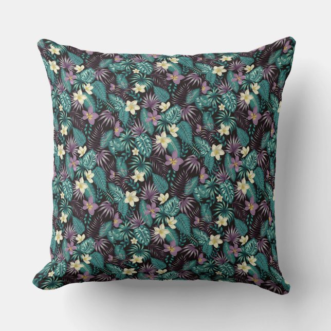 Plumeria Flowers Emerald Green Tropical Leaves Kussen (Voorkant)