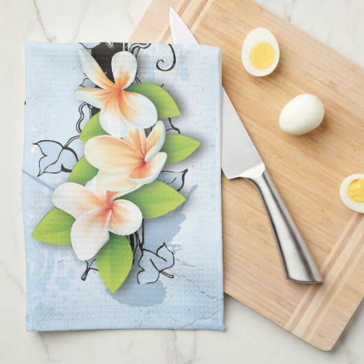  Plumeria/Frangipani en Ivy op blauw Theedoek (Quarter Fold)