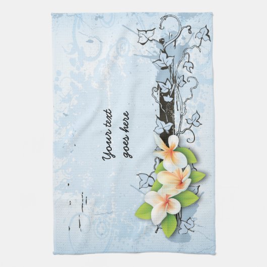  Plumeria/Frangipani en Ivy op blauw Theedoek (Verticaal)