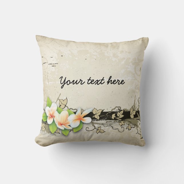  plumeria/frangipani en klimop beige kussen (Voorkant)
